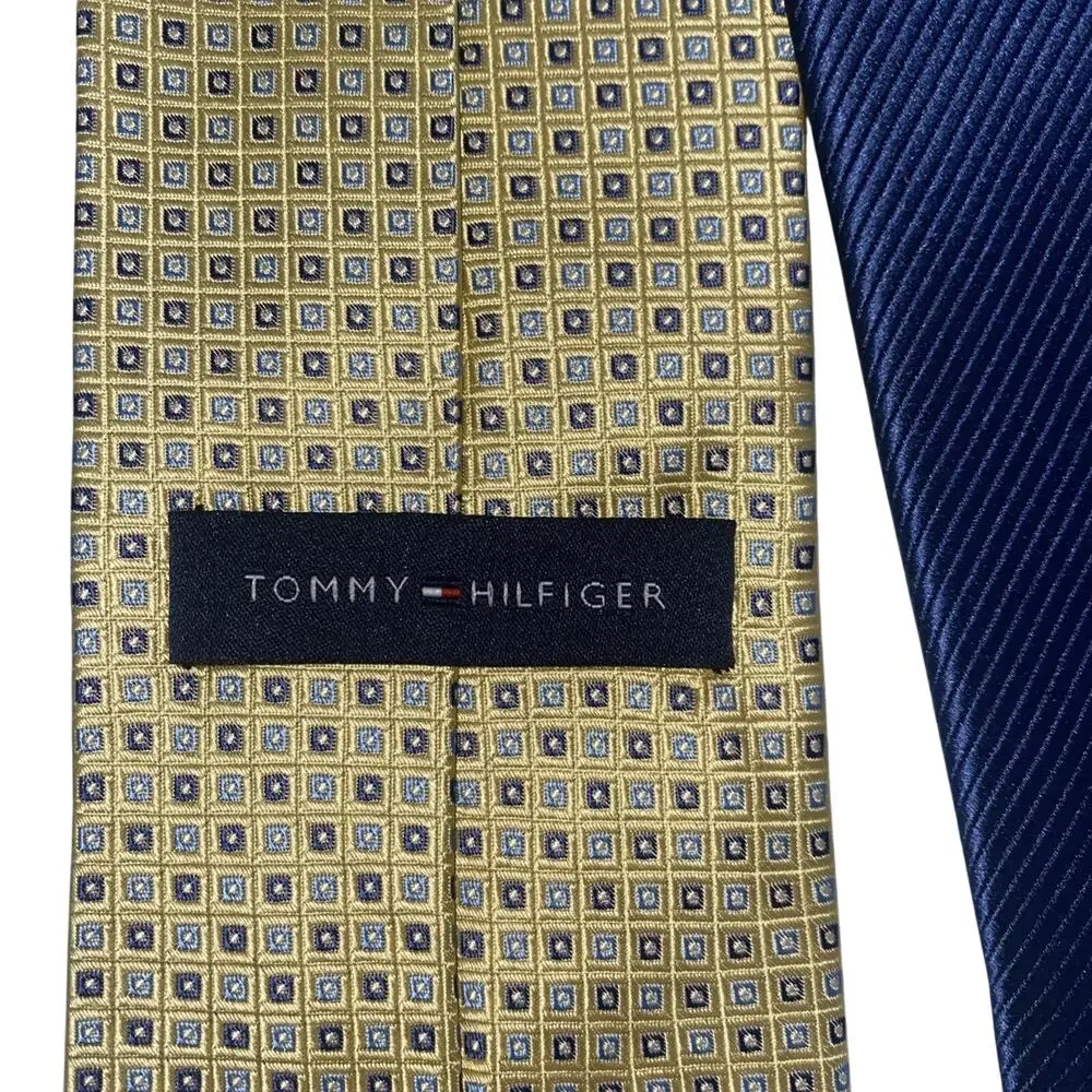 Tommy Hilfiger Yellow With Blue Squares 100% Silk Necktie Tie Office Church